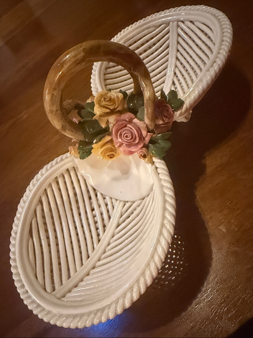 Vintage Italian hand painted double basket ceramic dish